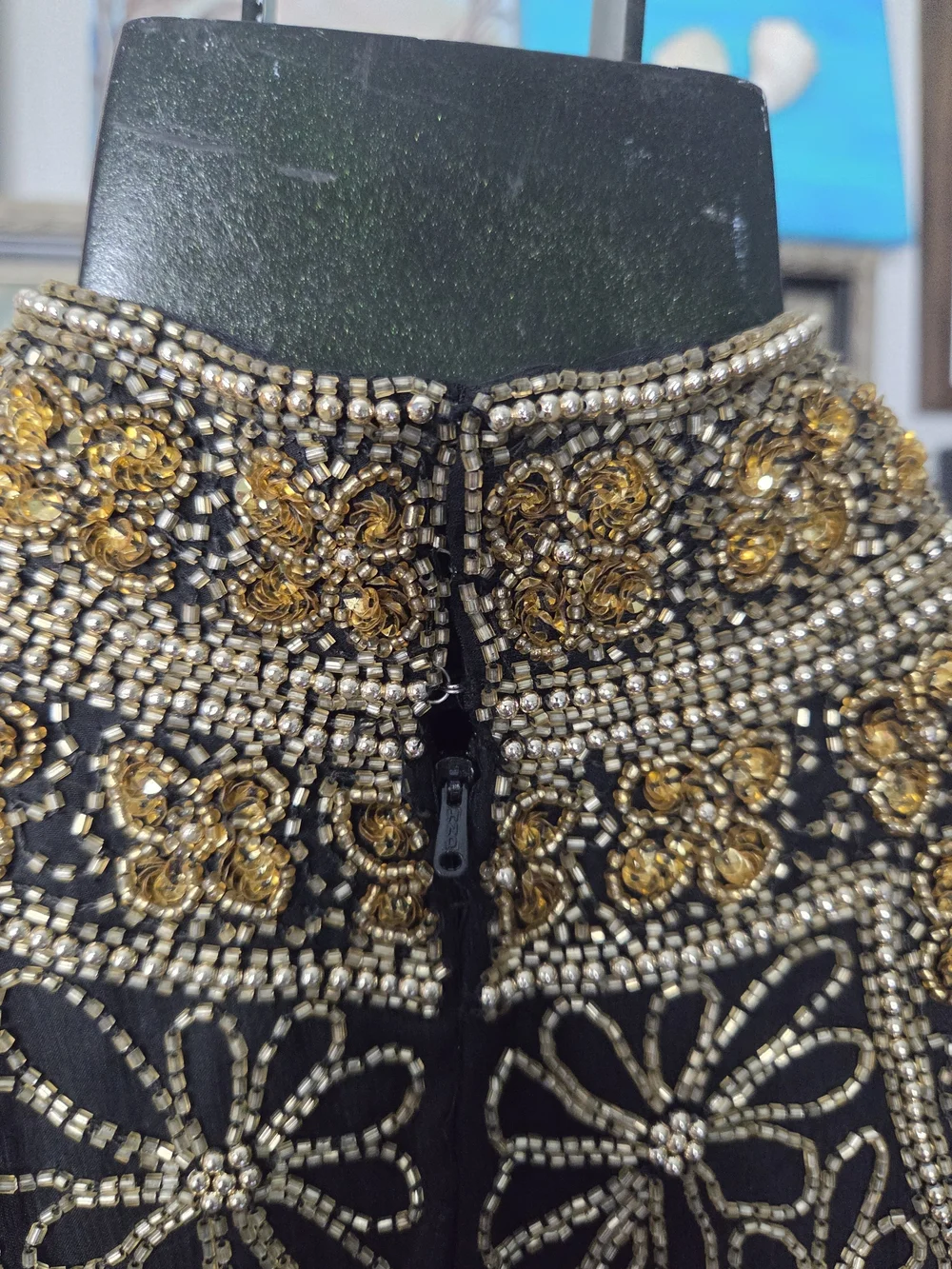 Vintage Laurence Kazar Floral Beaded 100% Silk Black & Gold Halter Top Medium